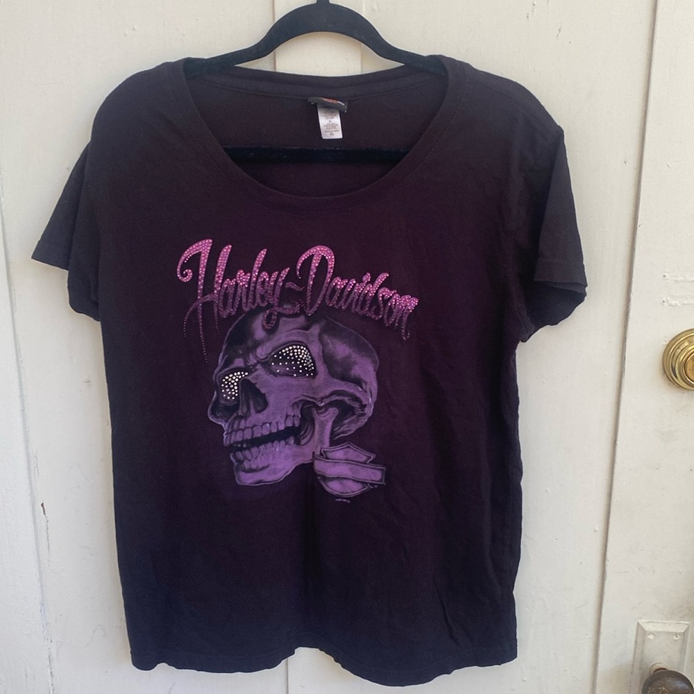 Women Harley Davidson Sz XL Tee Black Pink Airbrush Skull Rhinestones Prague
